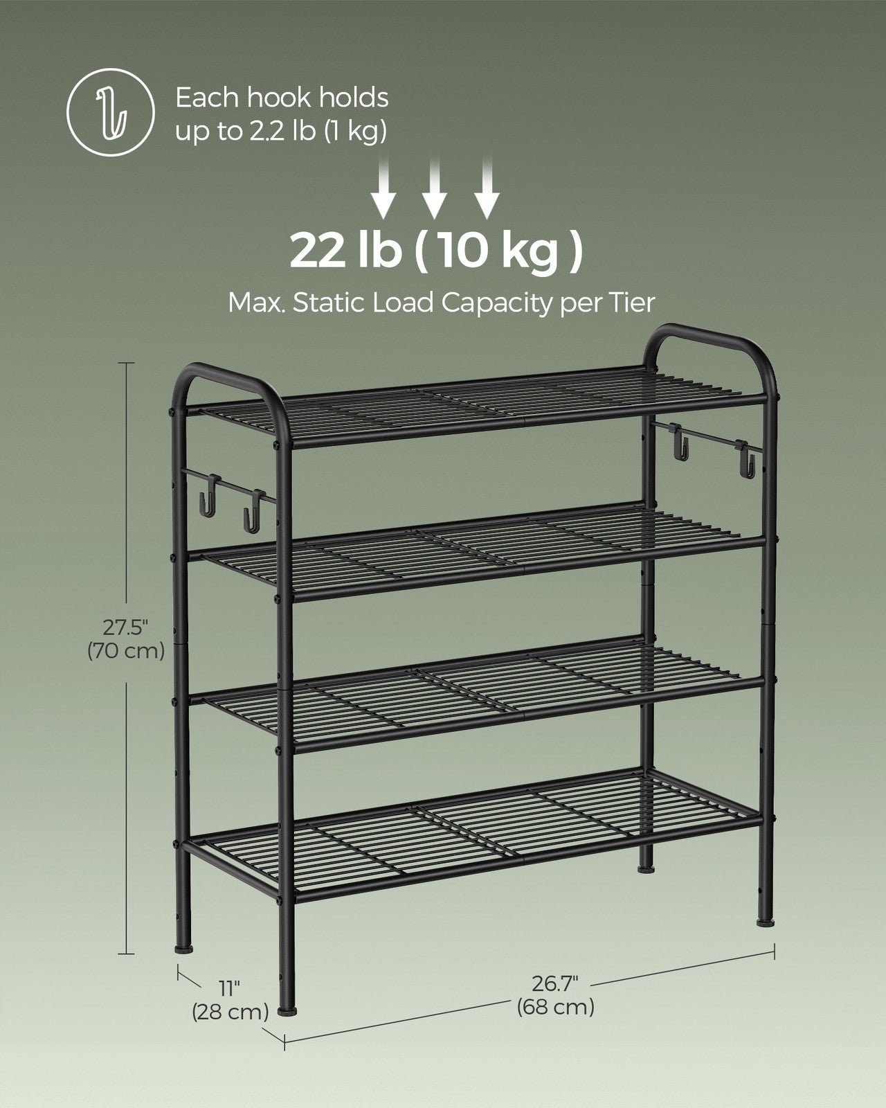 68" Wide 3-Tier Metal Shoe Rack with 4 Hooks Ink Black - image 11