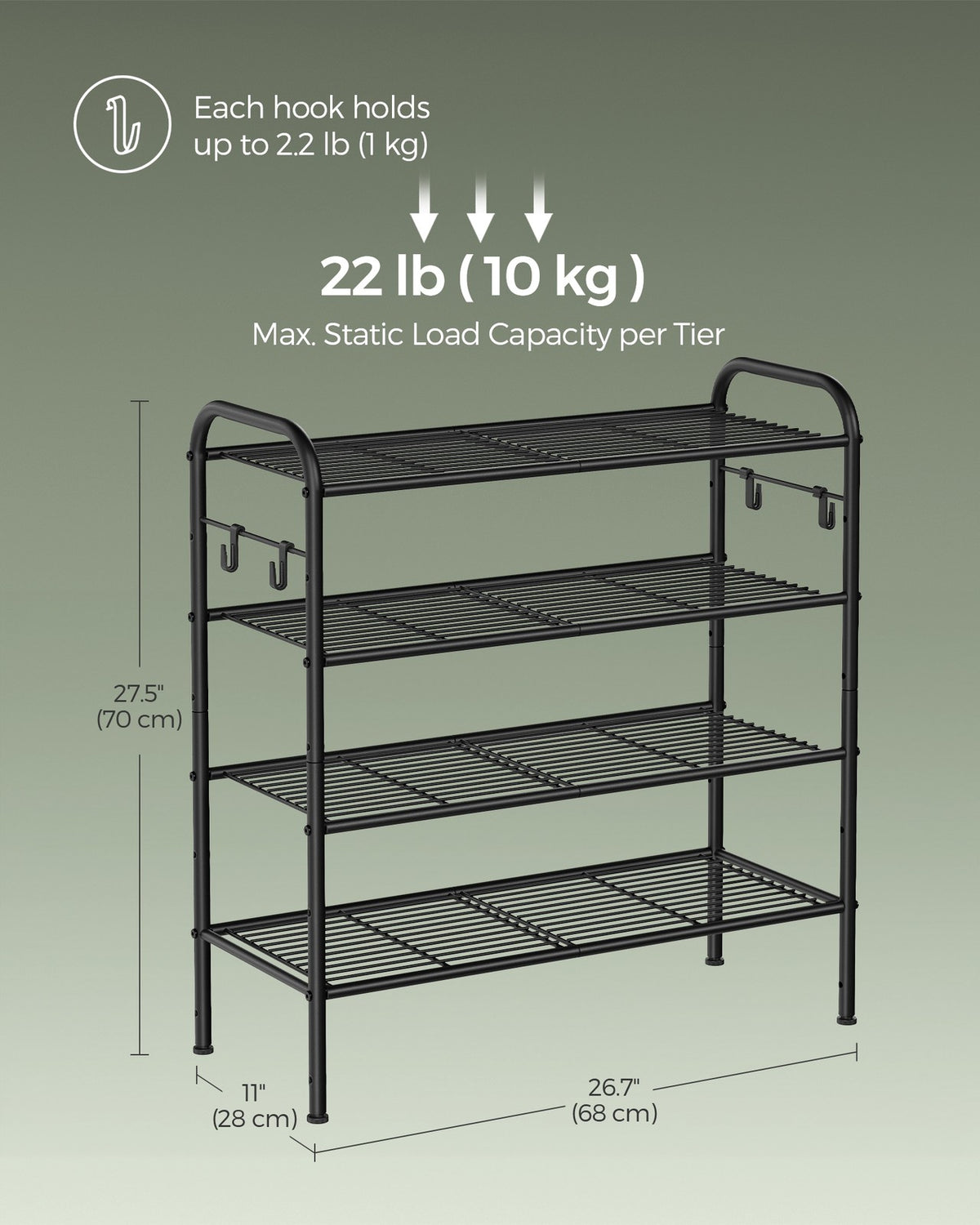 68" Wide 3-Tier Metal Shoe Rack with 4 Hooks Ink Black - image 11