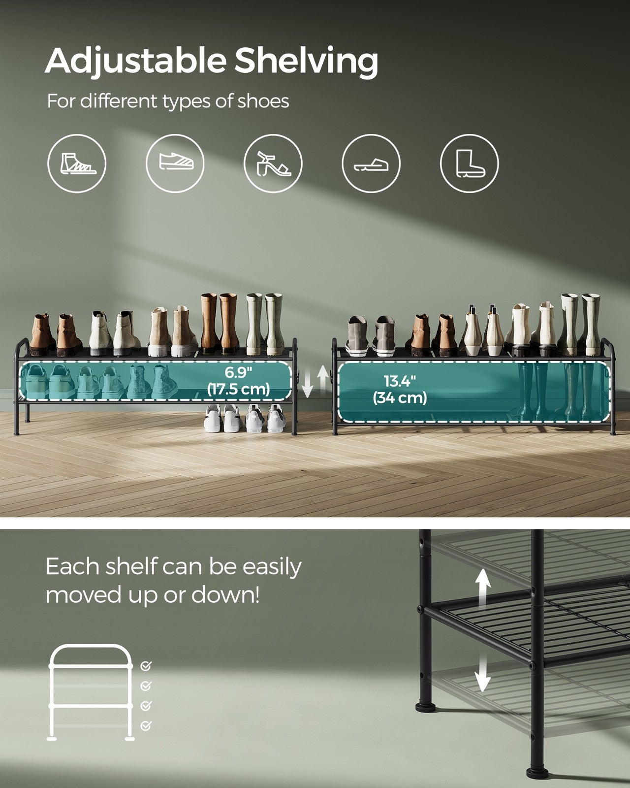 68" Wide 3-Tier Metal Shoe Rack with 4 Hooks Ink Black - image 15