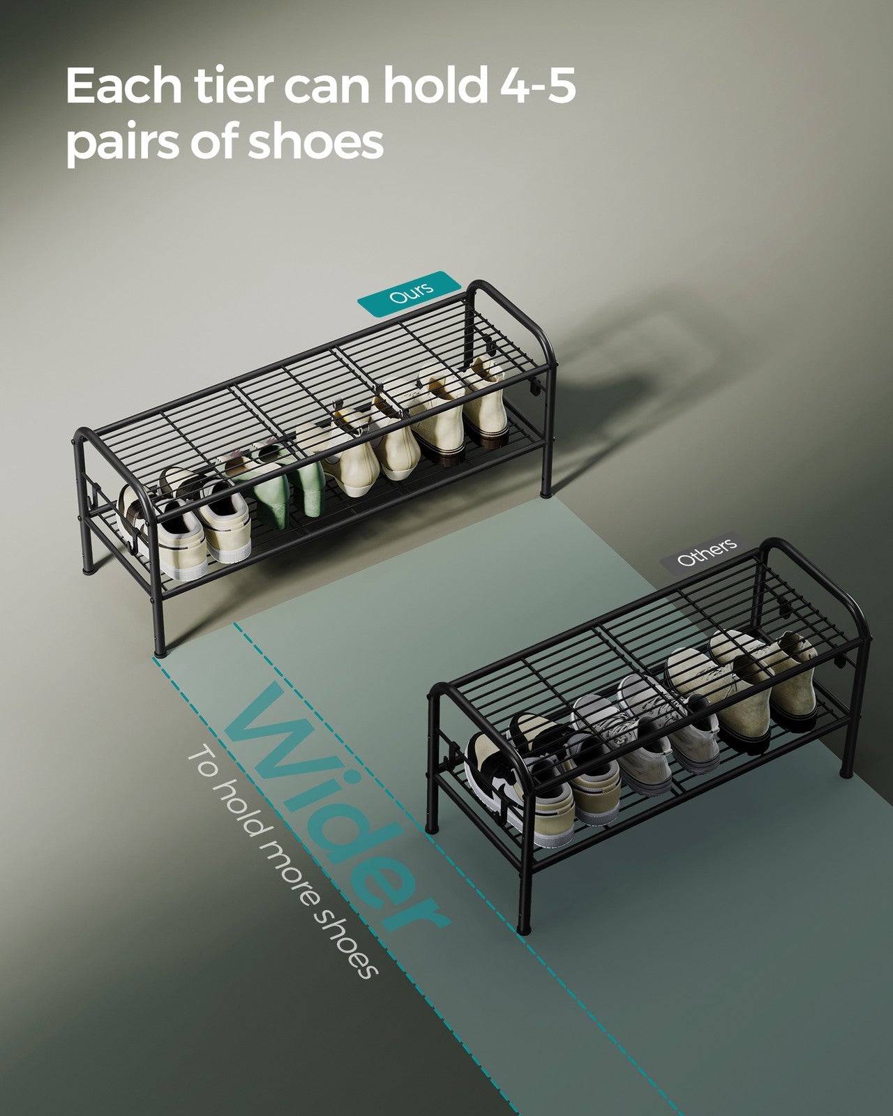68" Wide 3-Tier Metal Shoe Rack with 4 Hooks Ink Black - image 23
