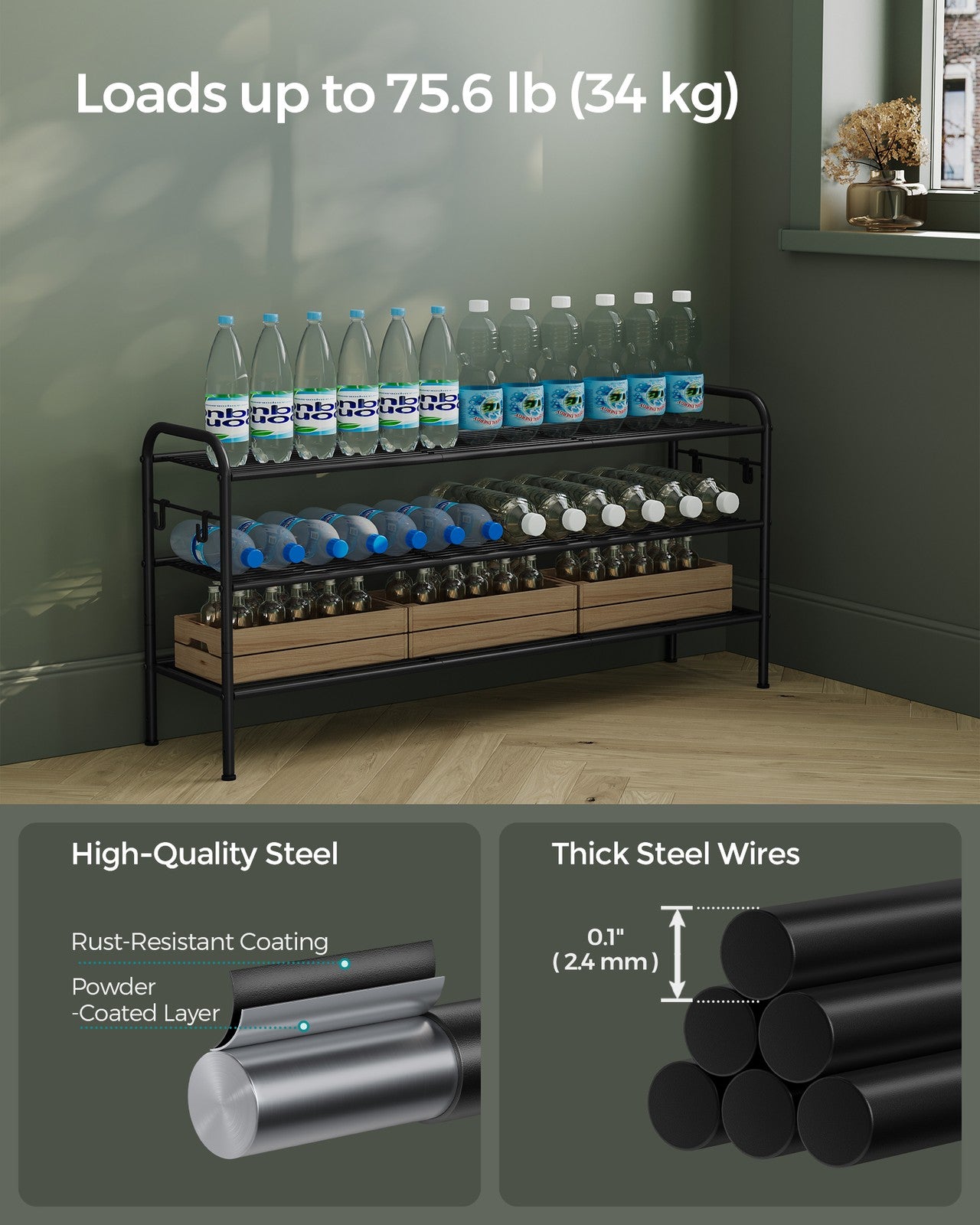 68" Wide 3-Tier Metal Shoe Rack with 4 Hooks Ink Black - image 32