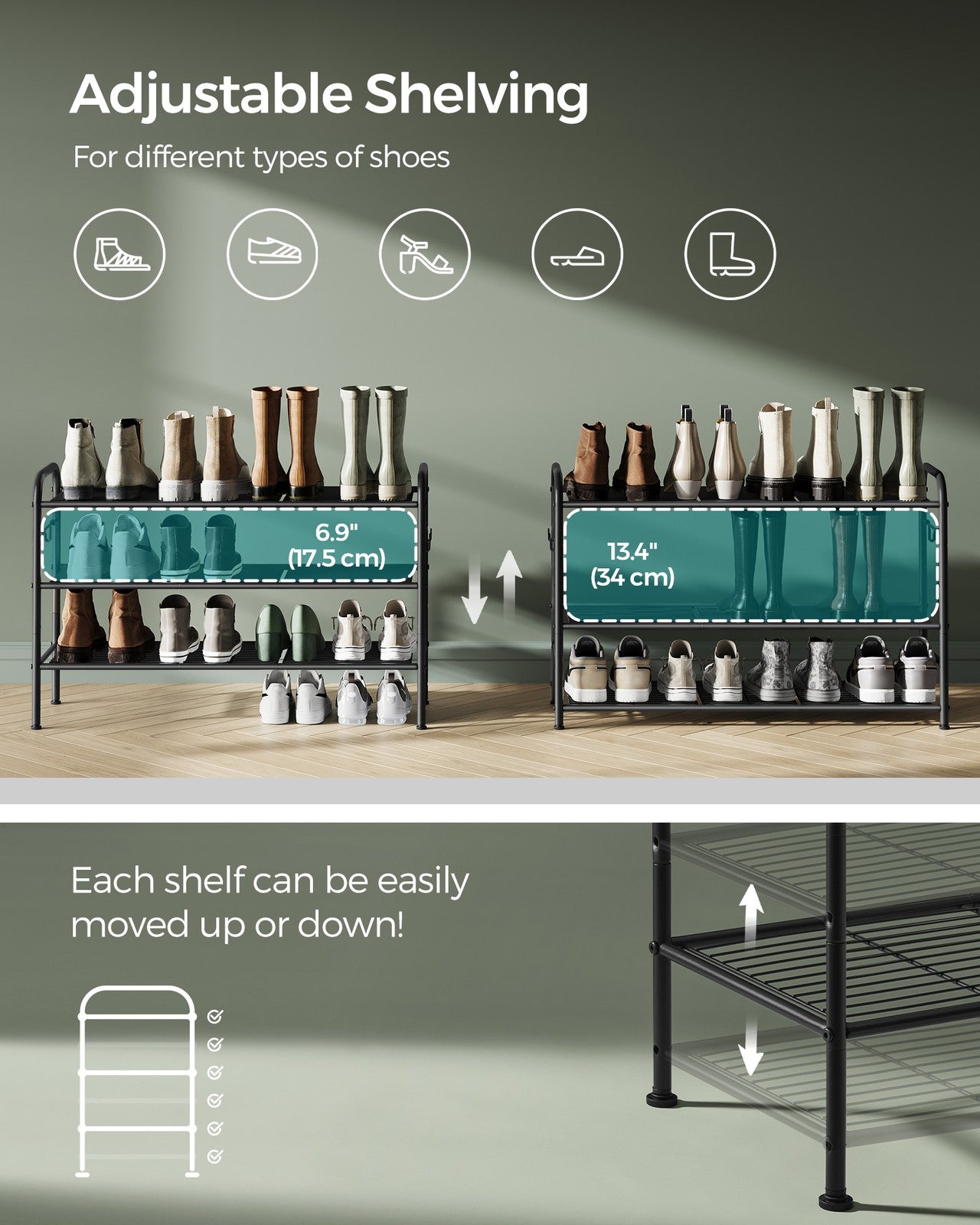 68" Wide 3-Tier Metal Shoe Rack with 4 Hooks Ink Black - image 37