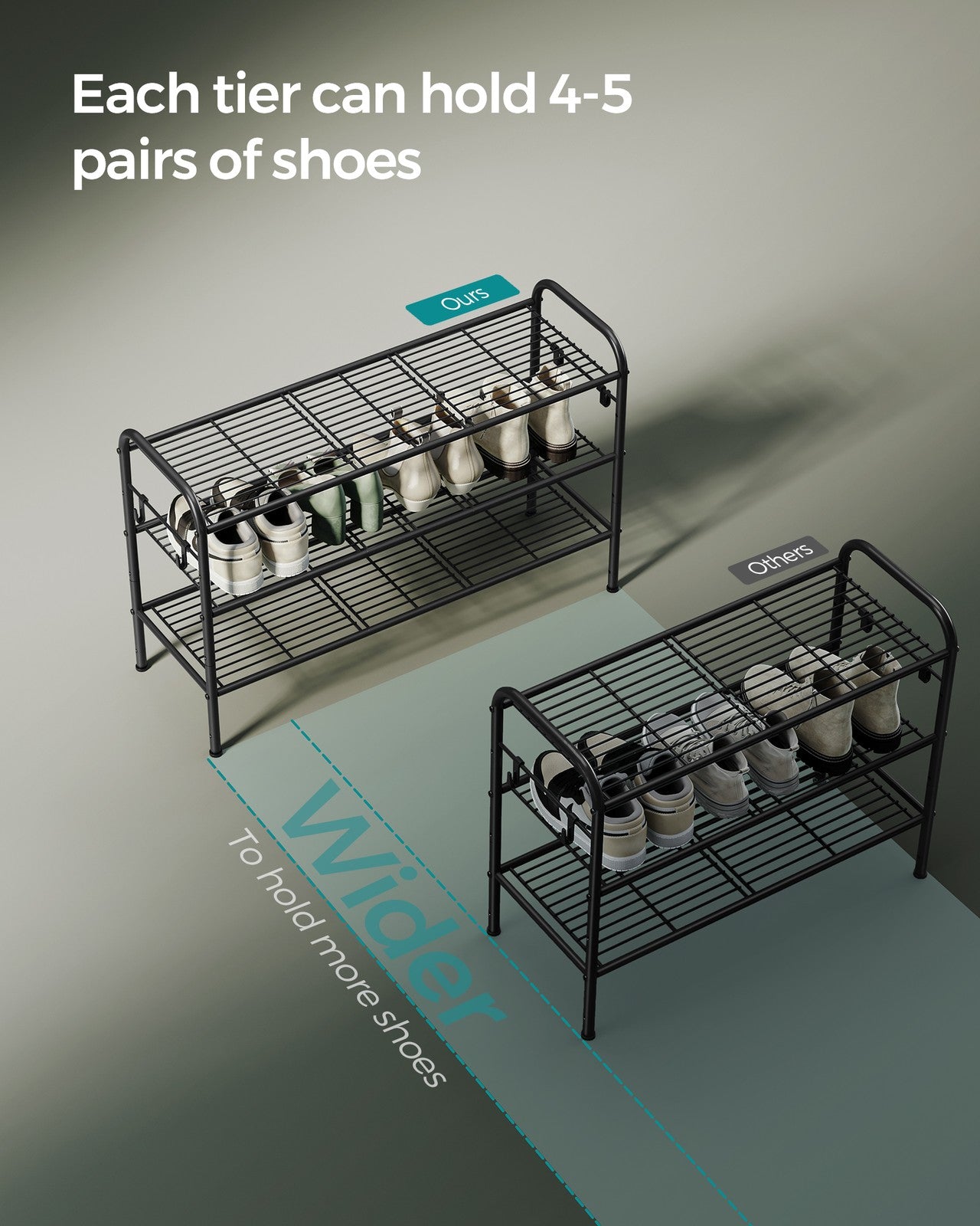 68" Wide 3-Tier Metal Shoe Rack with 4 Hooks Ink Black - image 38