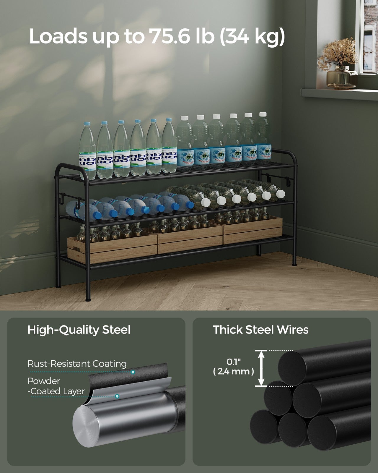 68" Wide 3-Tier Metal Shoe Rack with 4 Hooks Ink Black - image 39