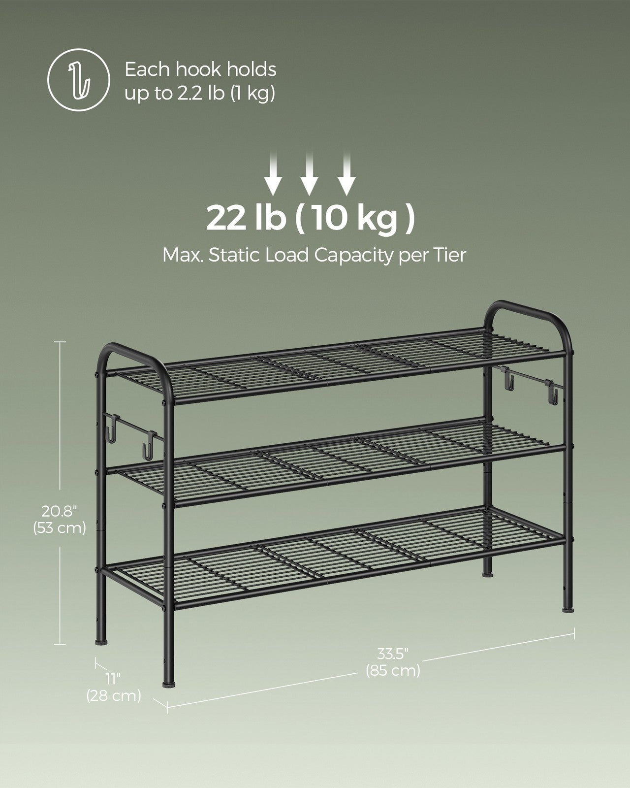 68" Wide 3-Tier Metal Shoe Rack with 4 Hooks Ink Black - image 40