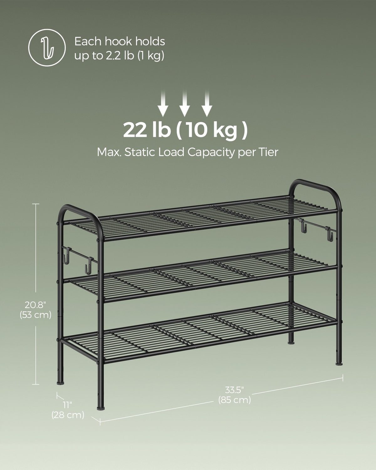 68" Wide 3-Tier Metal Shoe Rack with 4 Hooks Ink Black - image 26