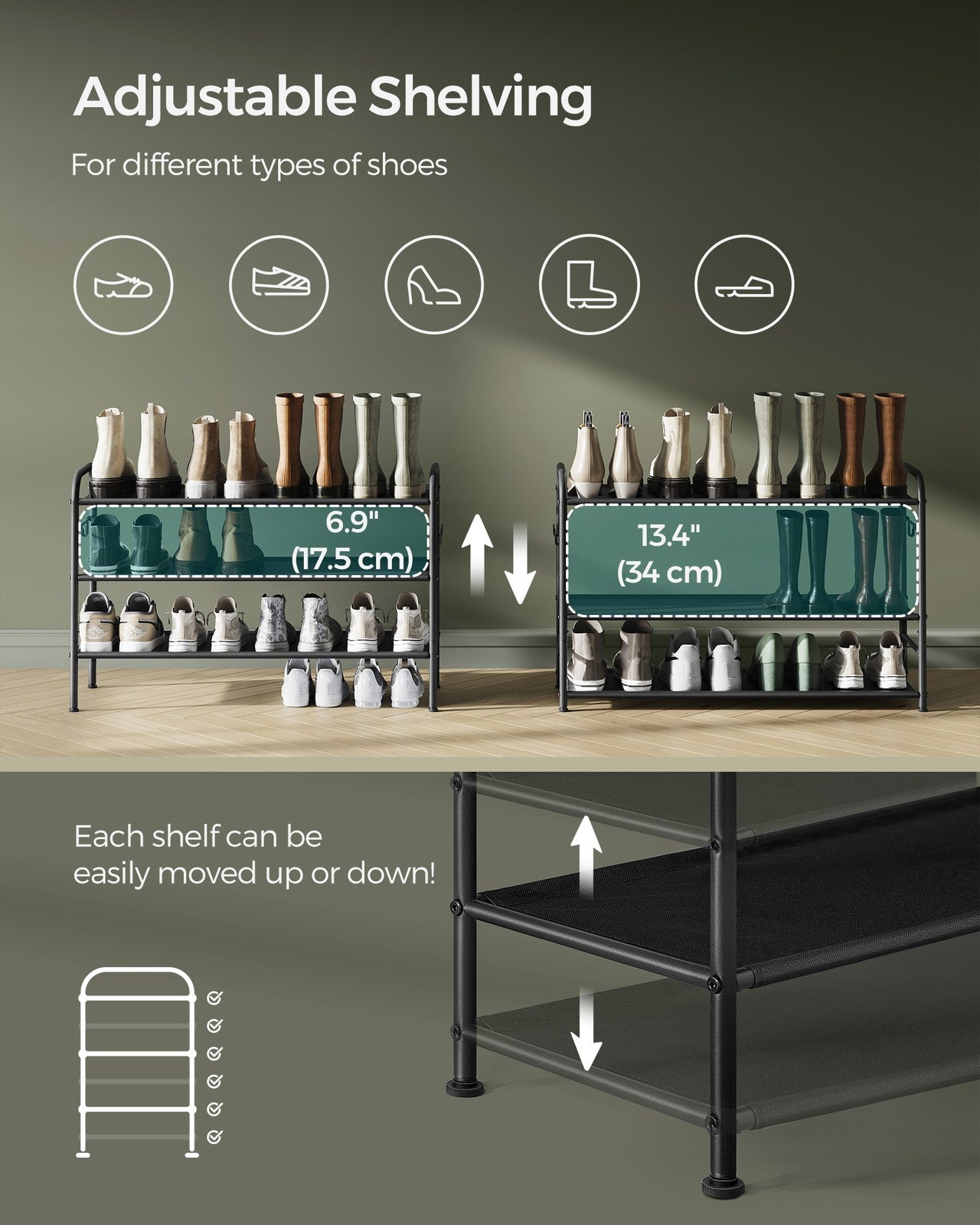 114" Wide 3-Tier Fabric Shoe Rack with 4 Hooks Ink Black - image 22