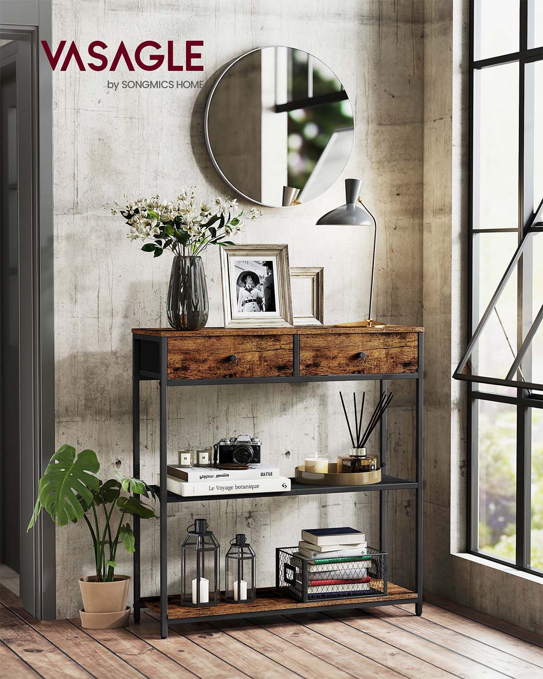 Console table with fabric drawers and shelves - image 2