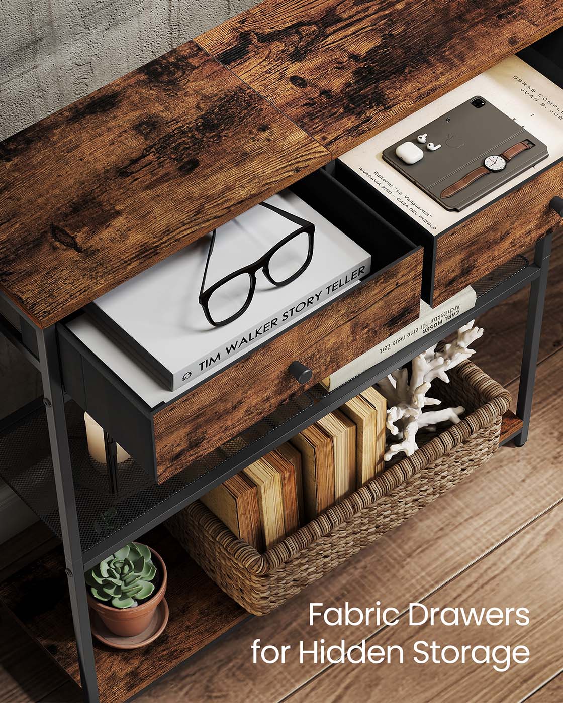 Console table with fabric drawers and shelves - image 3