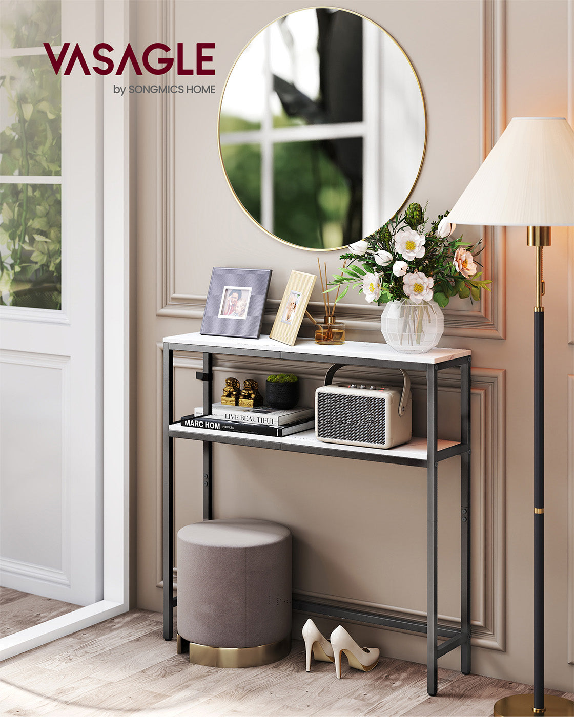 2-Tier Console Table for Hallway Marble White and Ink Black - image 51