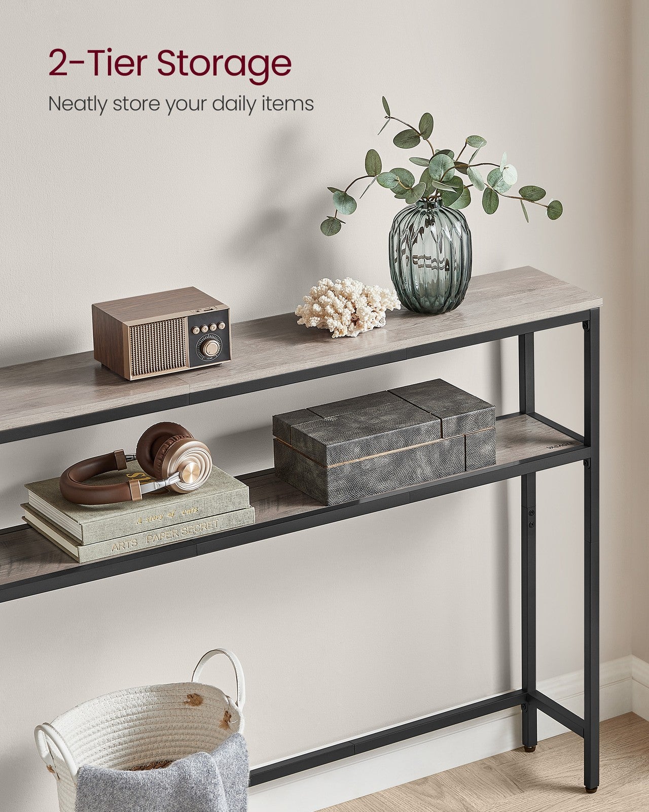 2-Tier Slim Sofa Table for Hallway Rustic Brown and Ink Black - image 9