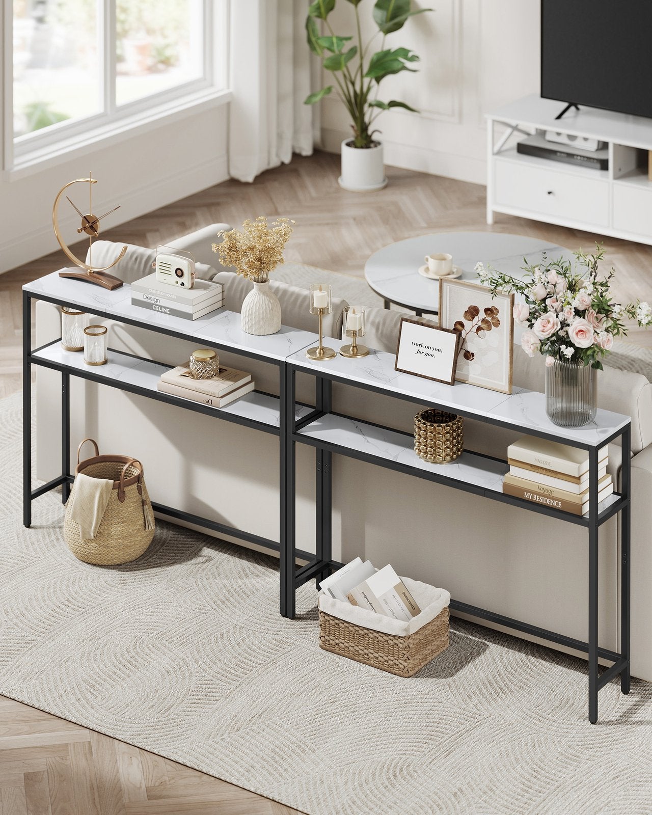 2-Tier Console Table for Hallway Marble White and Ink Black - image 14