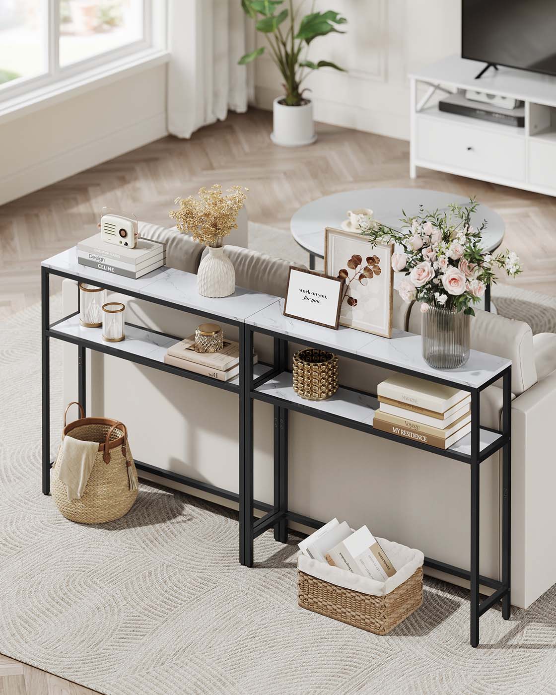 2-Tier Console Table for Hallway Marble White and Ink Black - image 19