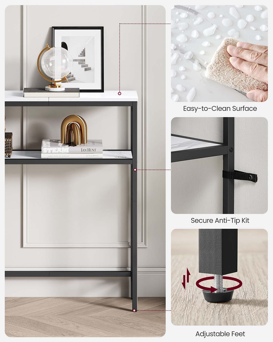 2-Tier Console Table for Hallway Marble White and Ink Black - image 21