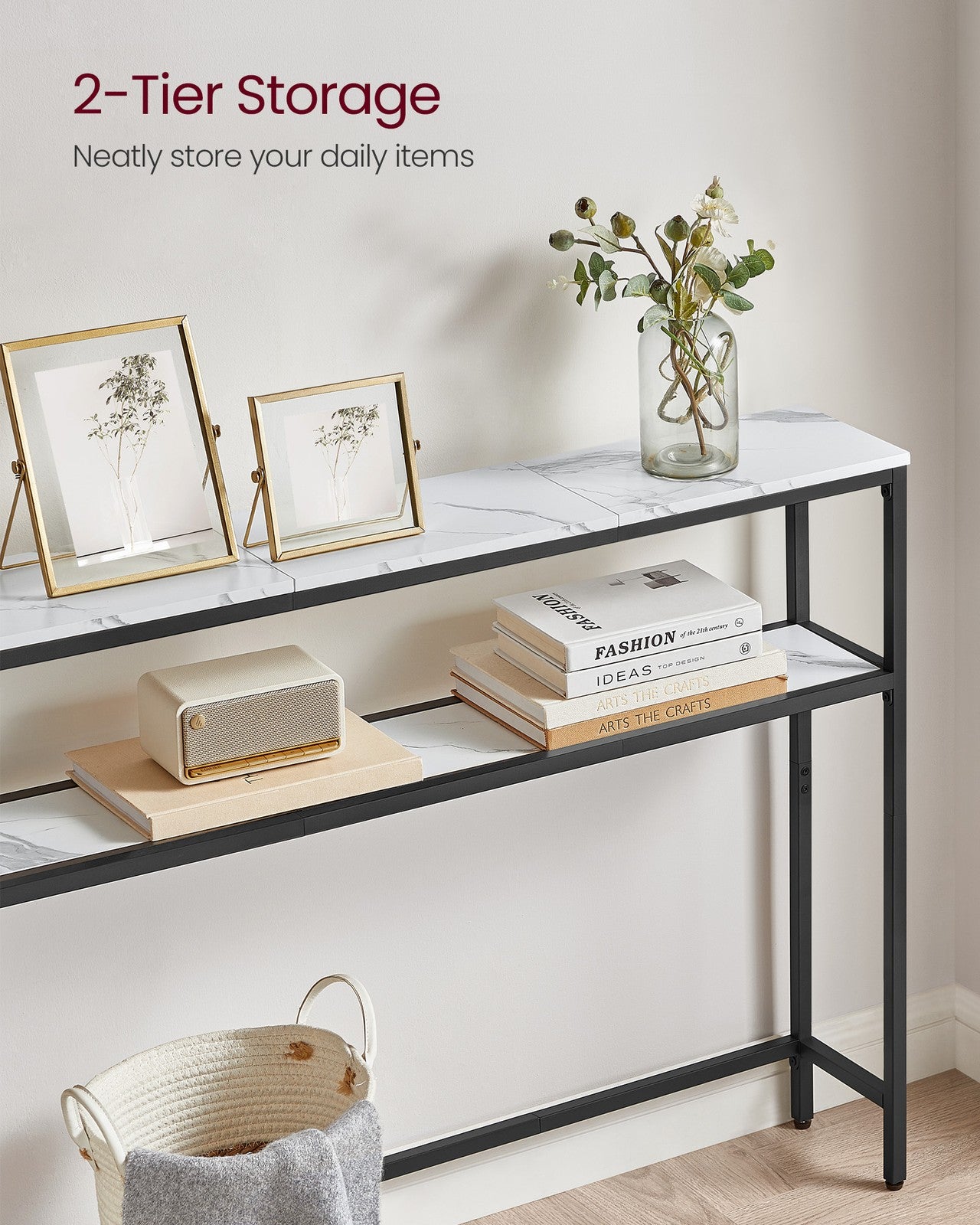 2-Tier Console Table for Hallway Marble White and Ink Black - image 24