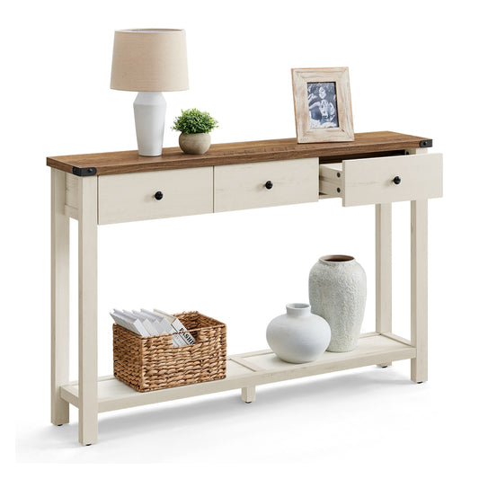 Console Table Narrow Sofa Table with 3 Drawers and One Shelf Honey Brown and Vintage White - image 1