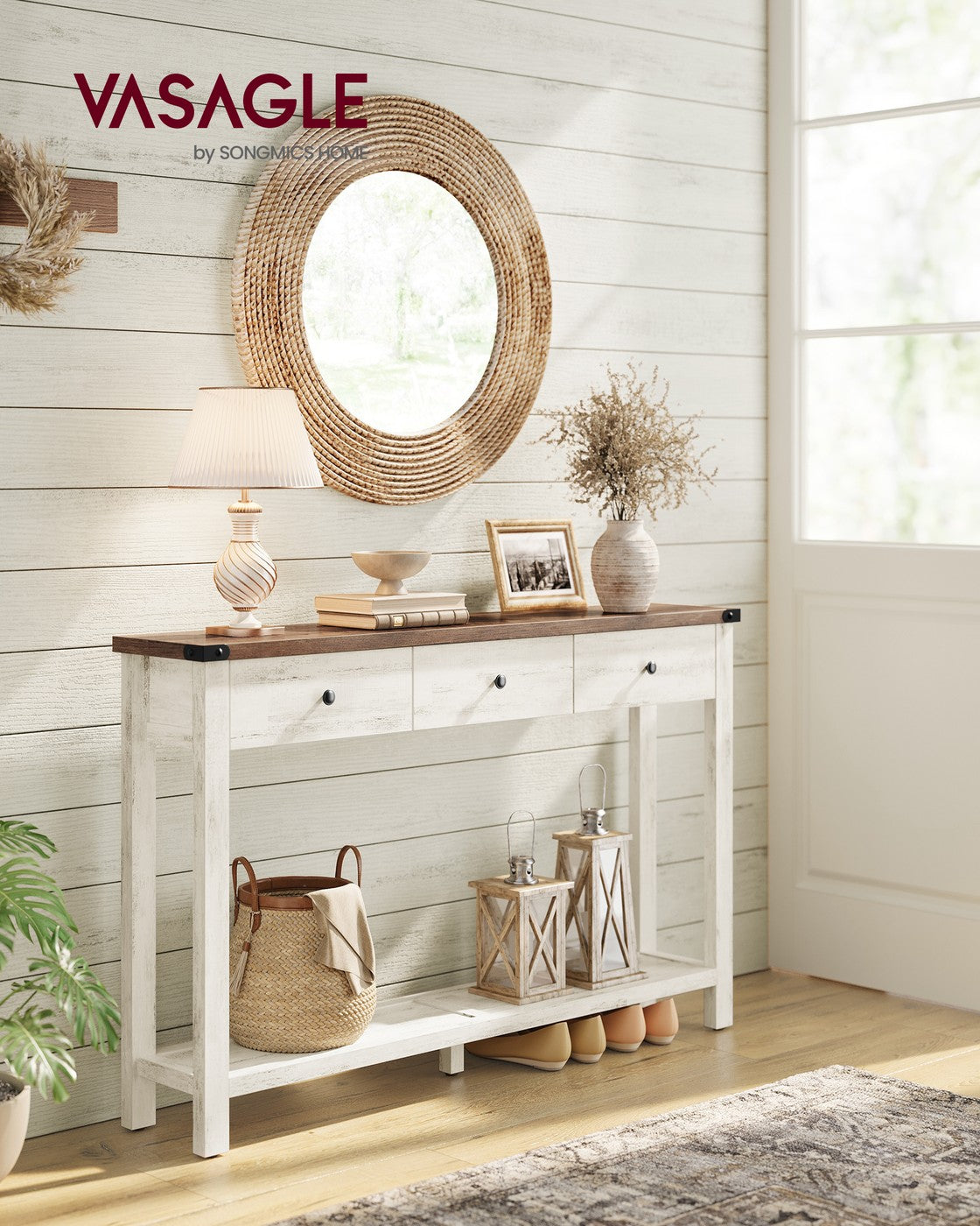 Console Table Narrow Sofa Table with 3 Drawers and One Shelf Honey Brown and Vintage White - image 2
