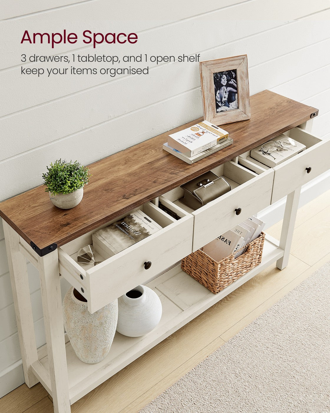 Console Table Narrow Sofa Table with 3 Drawers and One Shelf Honey Brown and Vintage White - image 3