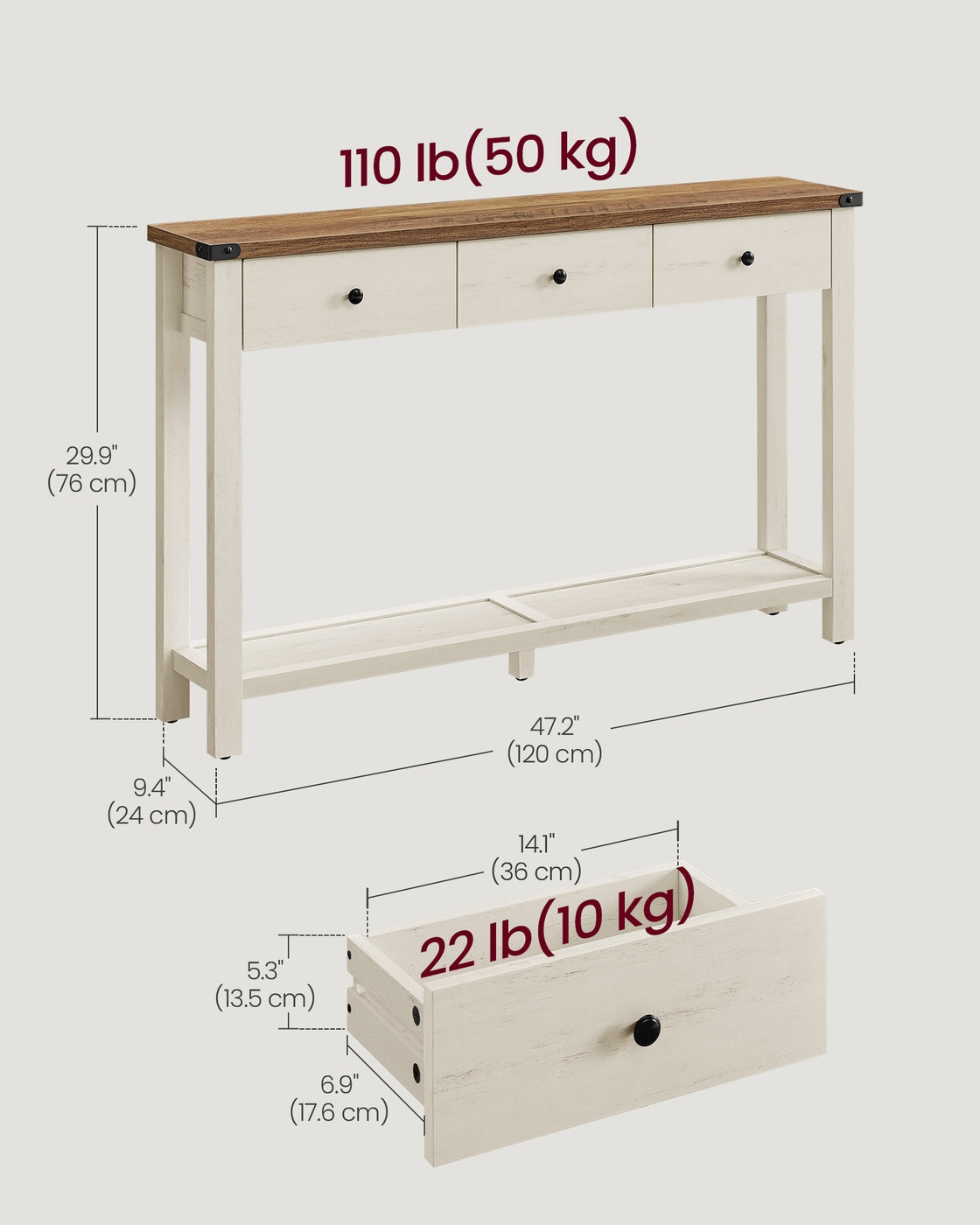 Console Table Narrow Sofa Table with 3 Drawers and One Shelf Honey Brown and Vintage White - image 6