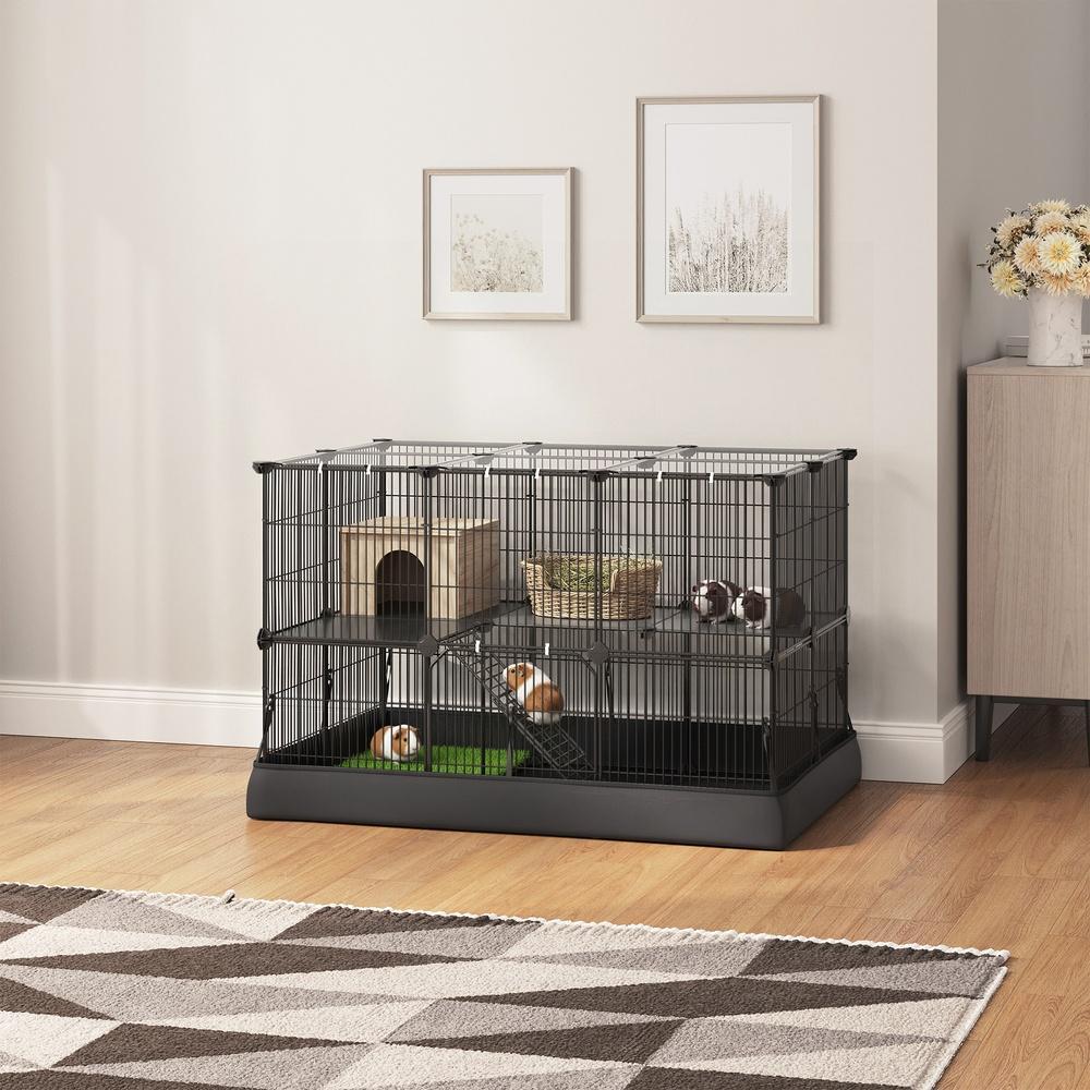 2-Tier Small Animal Playpen Cage with Waterproof Mat 35 Panels 93 x 63 x 61.5 cm Ink Black - image 2