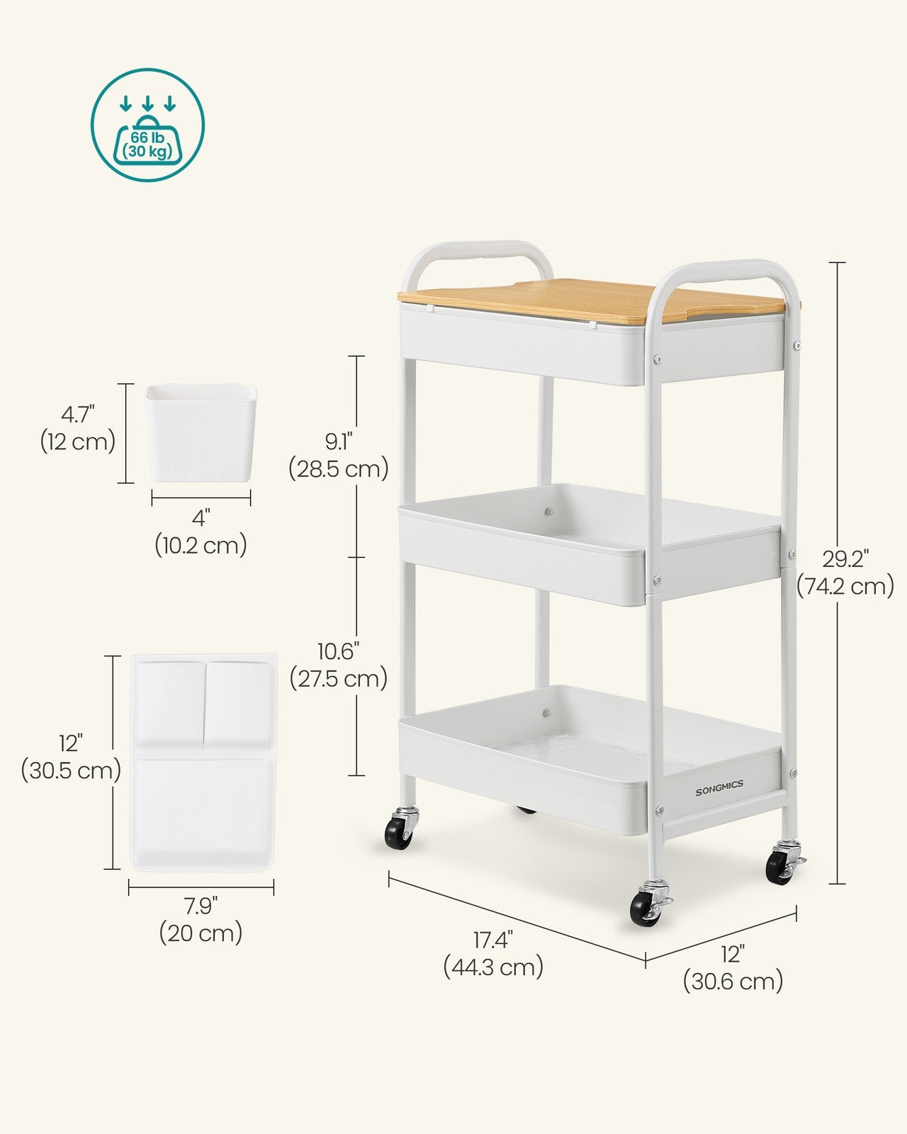 3-Tier Storage Trolley with Table Top Cloud White - image 5
