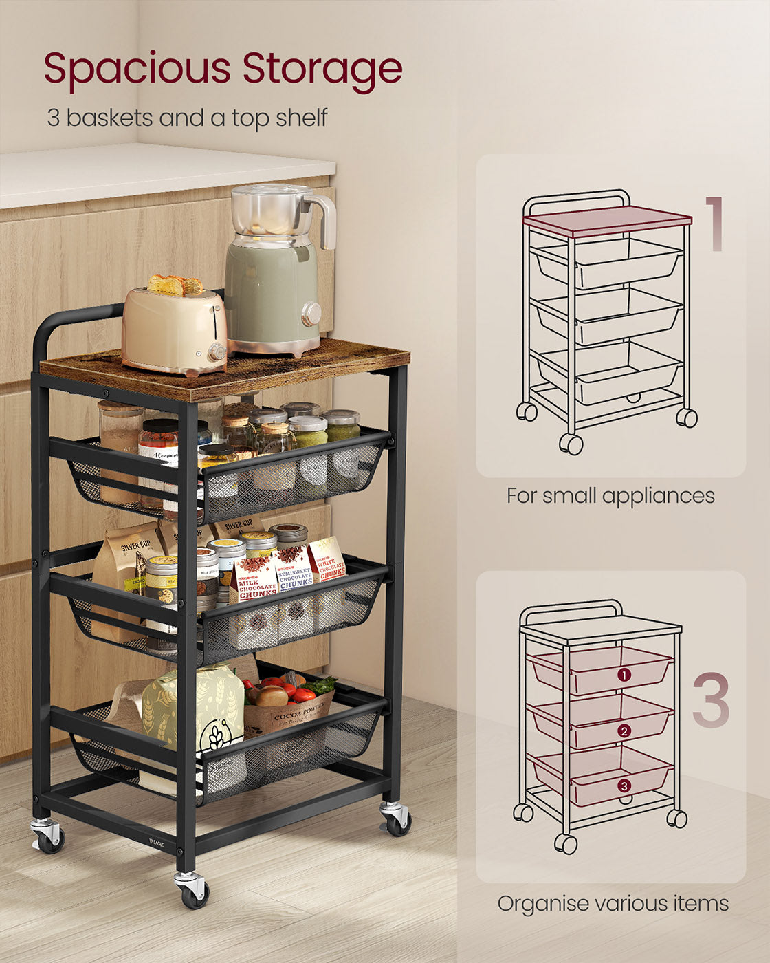 Storage trolley with pull out baskets wheels and handle - image 4