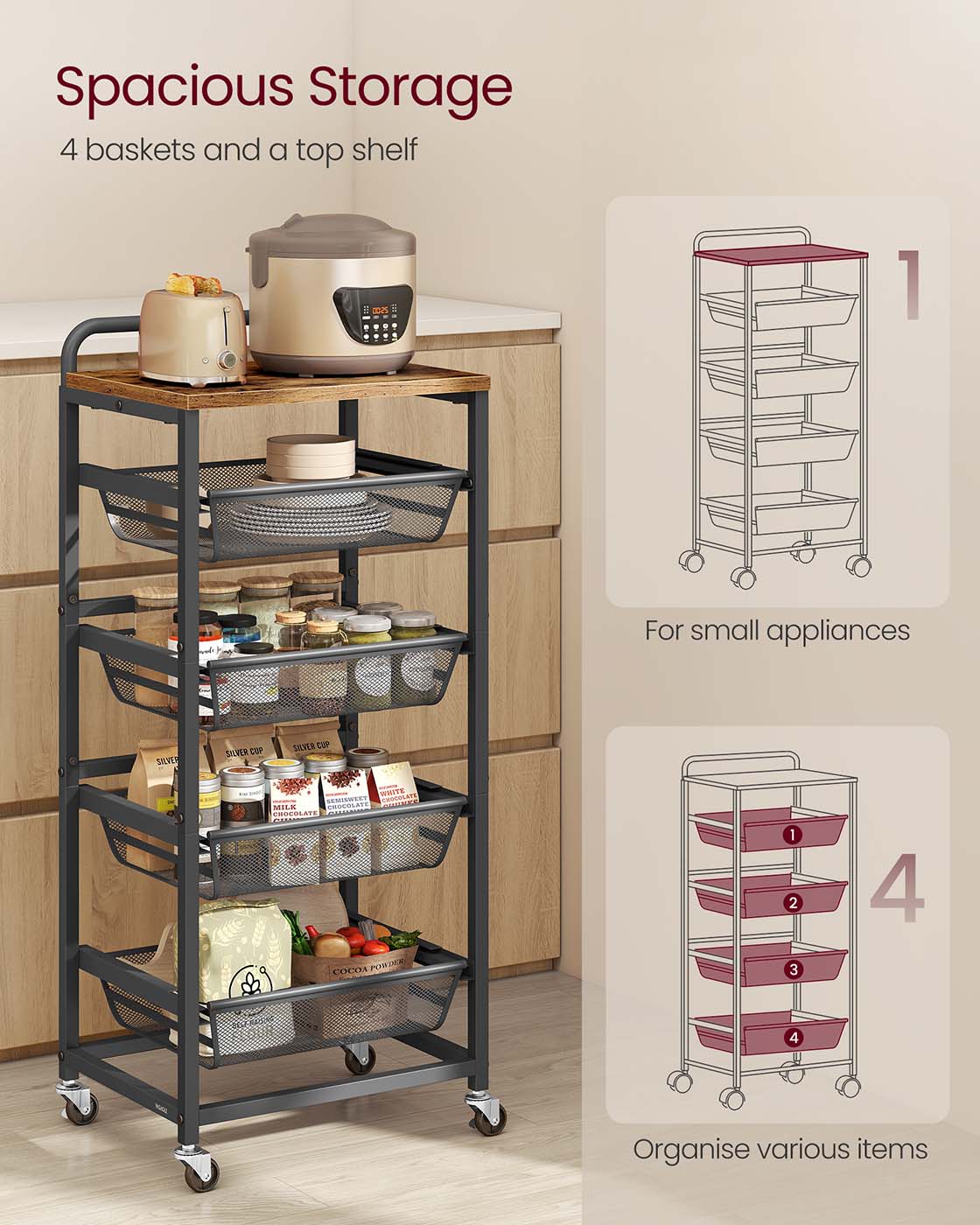 Storage trolley with pull out baskets wheels and handle - image 11