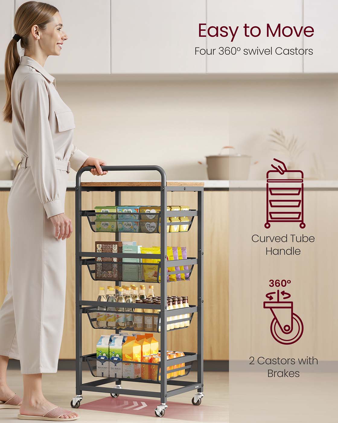 Storage trolley with pull out baskets wheels and handle - image 12