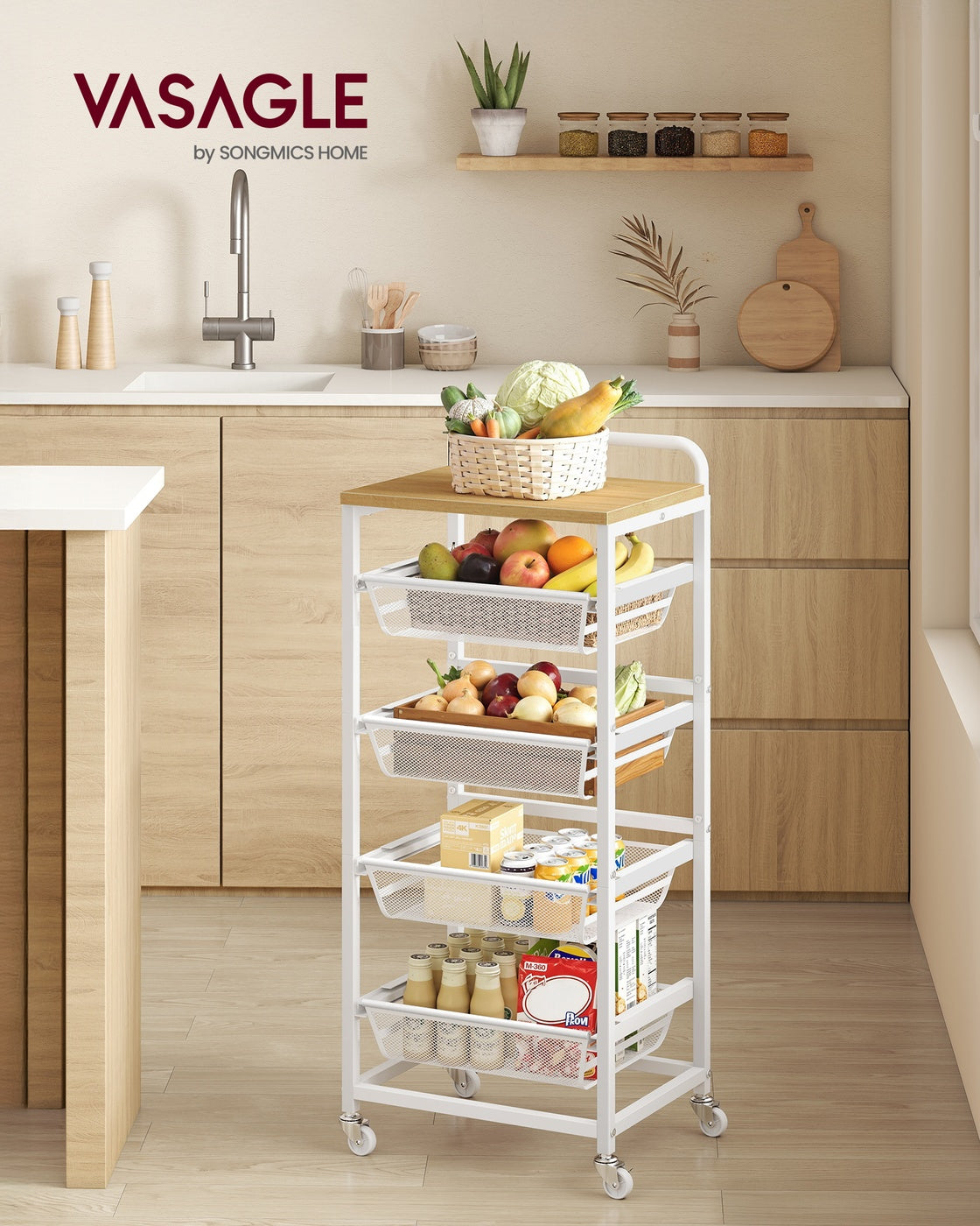 5-Tier Storage Trolley with Pull-Out Baskets 31.7 x 40 x 95 cm Golden Oak and Matte White - image 2