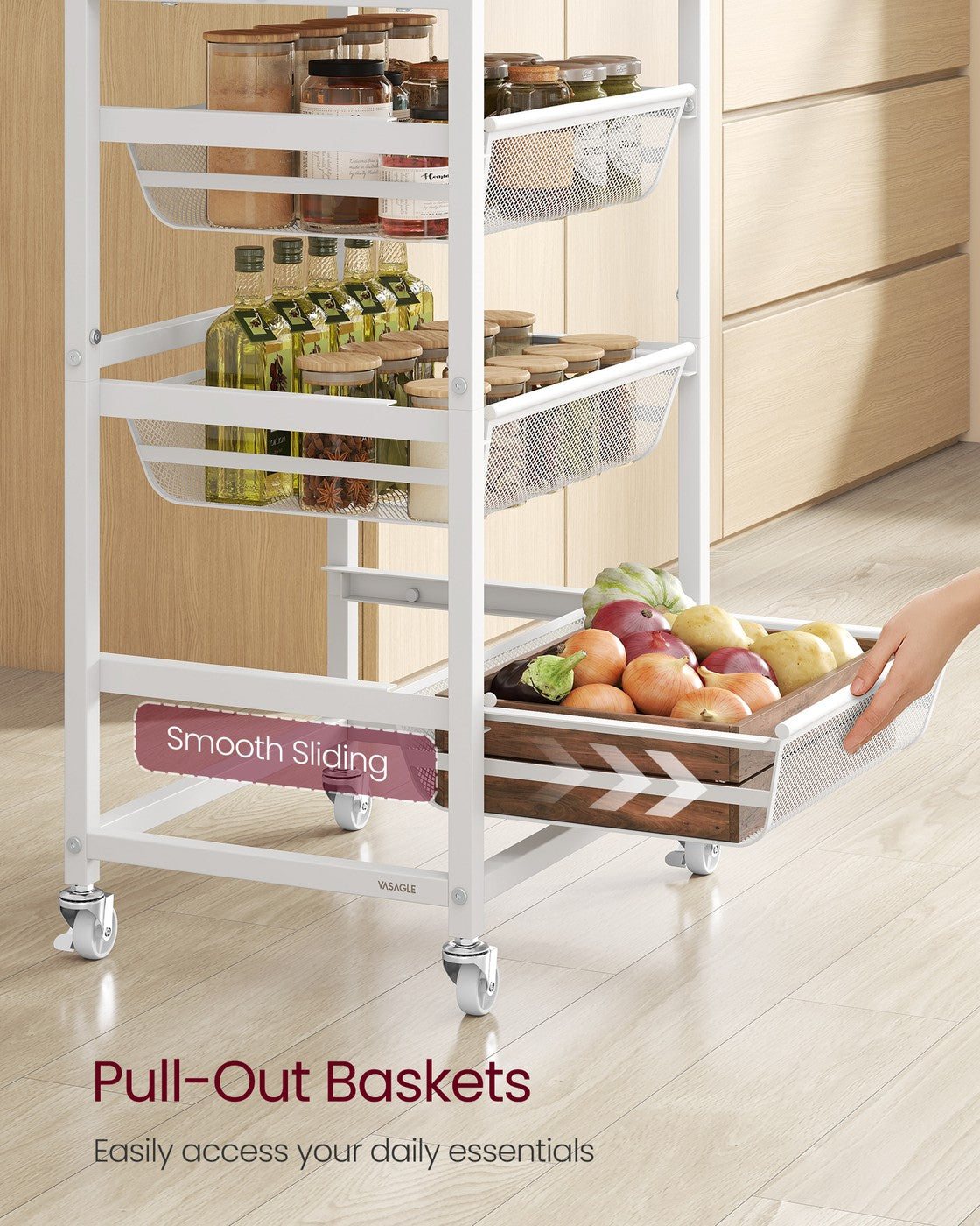 5-Tier Storage Trolley with Pull-Out Baskets 31.7 x 40 x 95 cm Golden Oak and Matte White - image 3