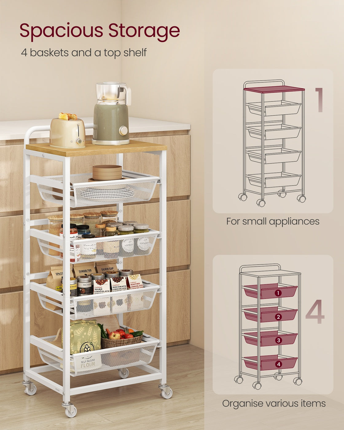 5-Tier Storage Trolley with Pull-Out Baskets 31.7 x 40 x 95 cm Golden Oak and Matte White - image 4