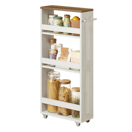 4-Tier Slim Kitchen Storage Trolley with Wheels 15 x 43.2 x 86.5 cm, Rustic White and Honey Brown - image 1