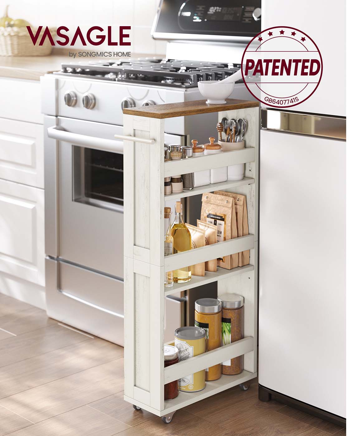 4-Tier Slim Kitchen Storage Trolley with Wheels 15 x 43.2 x 86.5 cm, Rustic White and Honey Brown - image 2