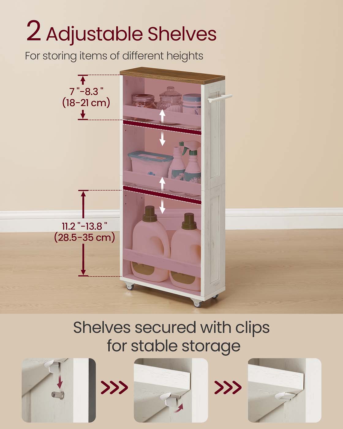 4-Tier Slim Kitchen Storage Trolley with Wheels 15 x 43.2 x 86.5 cm, Rustic White and Honey Brown - image 3