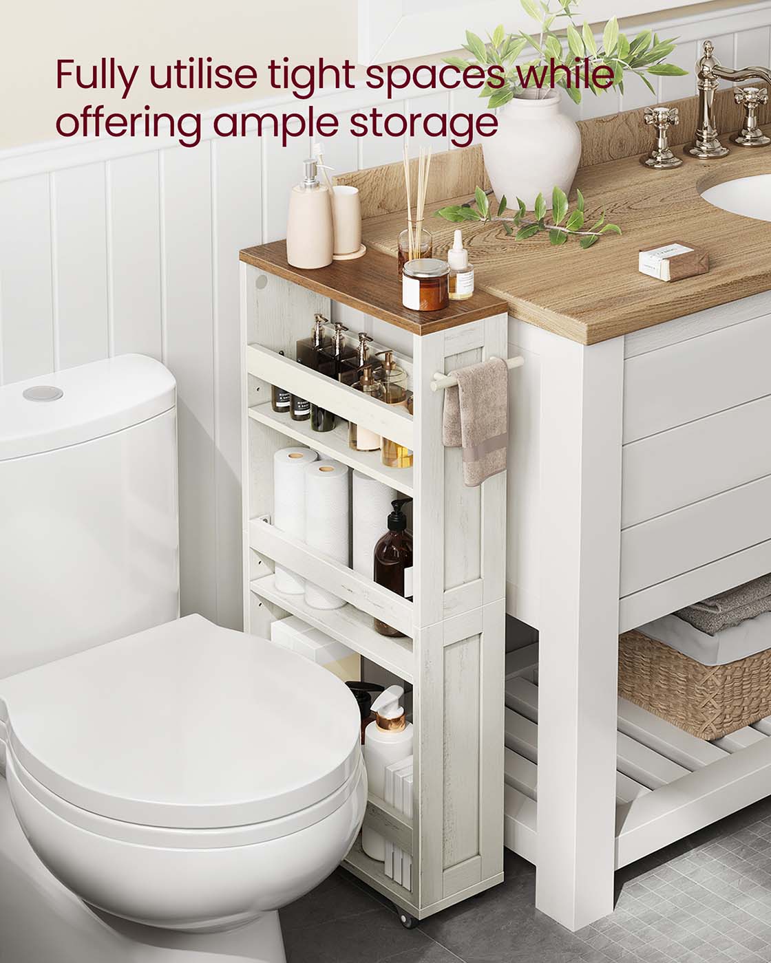 4-Tier Slim Kitchen Storage Trolley with Wheels 15 x 43.2 x 86.5 cm, Rustic White and Honey Brown - image 5