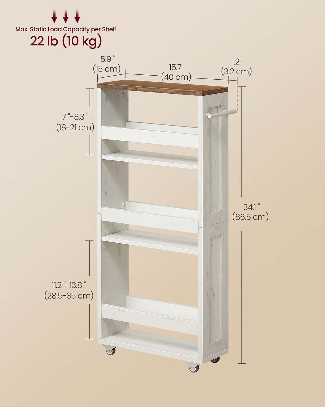 4-Tier Slim Kitchen Storage Trolley with Wheels 15 x 43.2 x 86.5 cm, Rustic White and Honey Brown - image 6