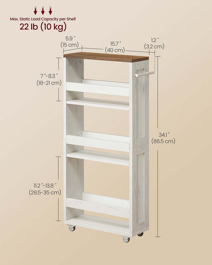 4-Tier Slim Kitchen Storage Trolley with Wheels 15 x 43.2 x 86.5 cm, Rustic White and Honey Brown - image 6