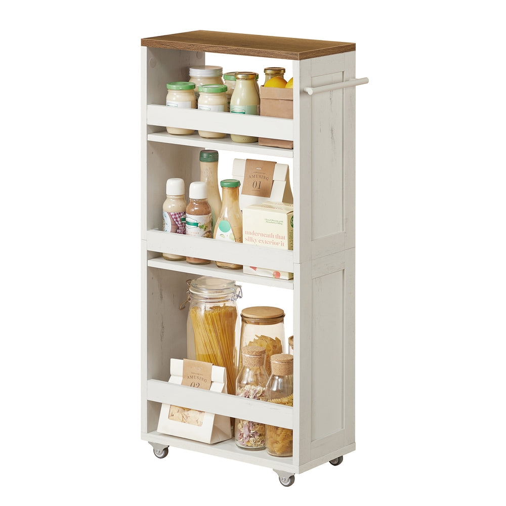 4-Tier Slim Kitchen Storage Trolley with Wheels 20 x 43.2 x 86.5 cm, Rustic White and Honey Brown - image 1