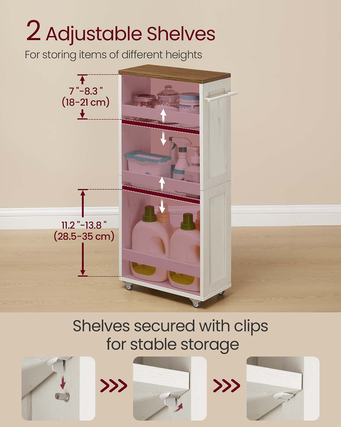 4-Tier Slim Kitchen Storage Trolley with Wheels 20 x 43.2 x 86.5 cm, Rustic White and Honey Brown - image 3