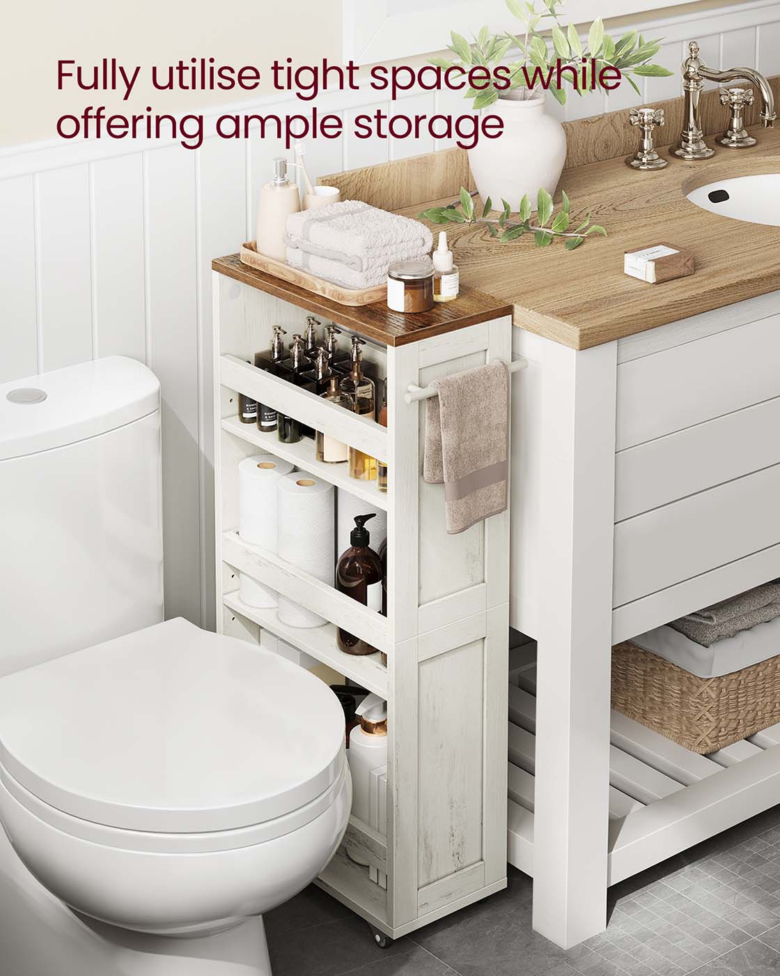 4-Tier Slim Kitchen Storage Trolley with Wheels 20 x 43.2 x 86.5 cm, Rustic White and Honey Brown - image 5