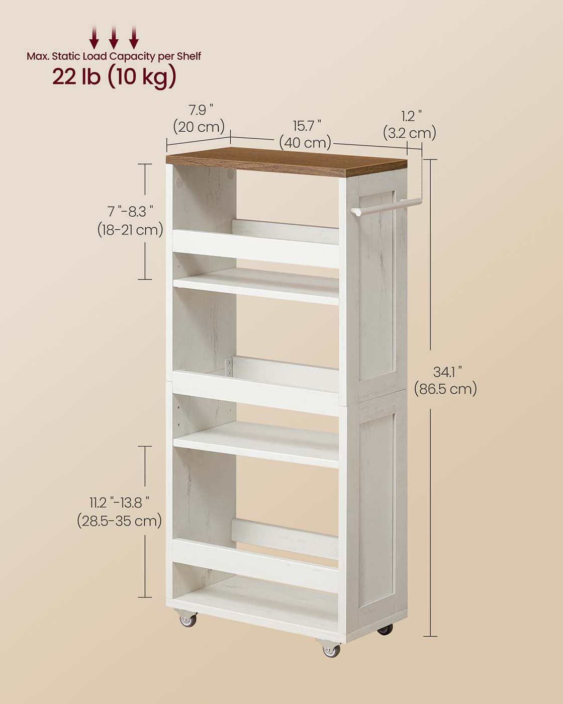4-Tier Slim Kitchen Storage Trolley with Wheels 20 x 43.2 x 86.5 cm, Rustic White and Honey Brown - image 6