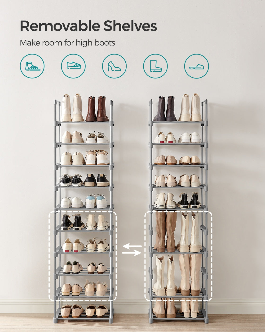 Shoe Rack 10-Tier Metal Shoe Storage Organiser 30 x 45 x 174 cm Grey - image 4