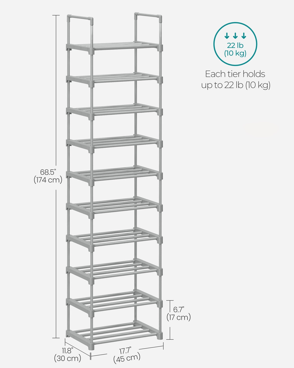 Shoe Rack 10-Tier Metal Shoe Storage Organiser 30 x 45 x 174 cm Grey - image 7