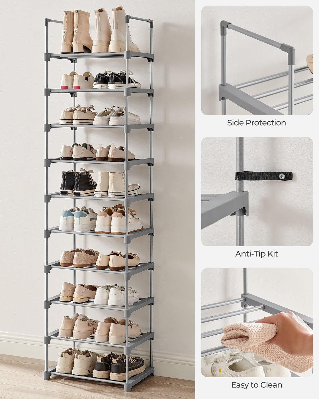 Shoe Rack 10-Tier Metal Shoe Storage Organiser 30 x 45 x 174 cm Grey - image 8
