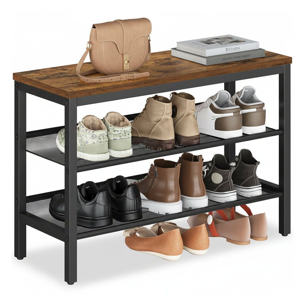 3 Tier Shoe Rack Bench 28 x 75 x 50 cm with Raised Edges Rustic Brown and Matte Black - image 1