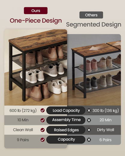 3 Tier Shoe Rack Bench 28 x 75 x 50 cm with Raised Edges Rustic Brown and Matte Black - image 3
