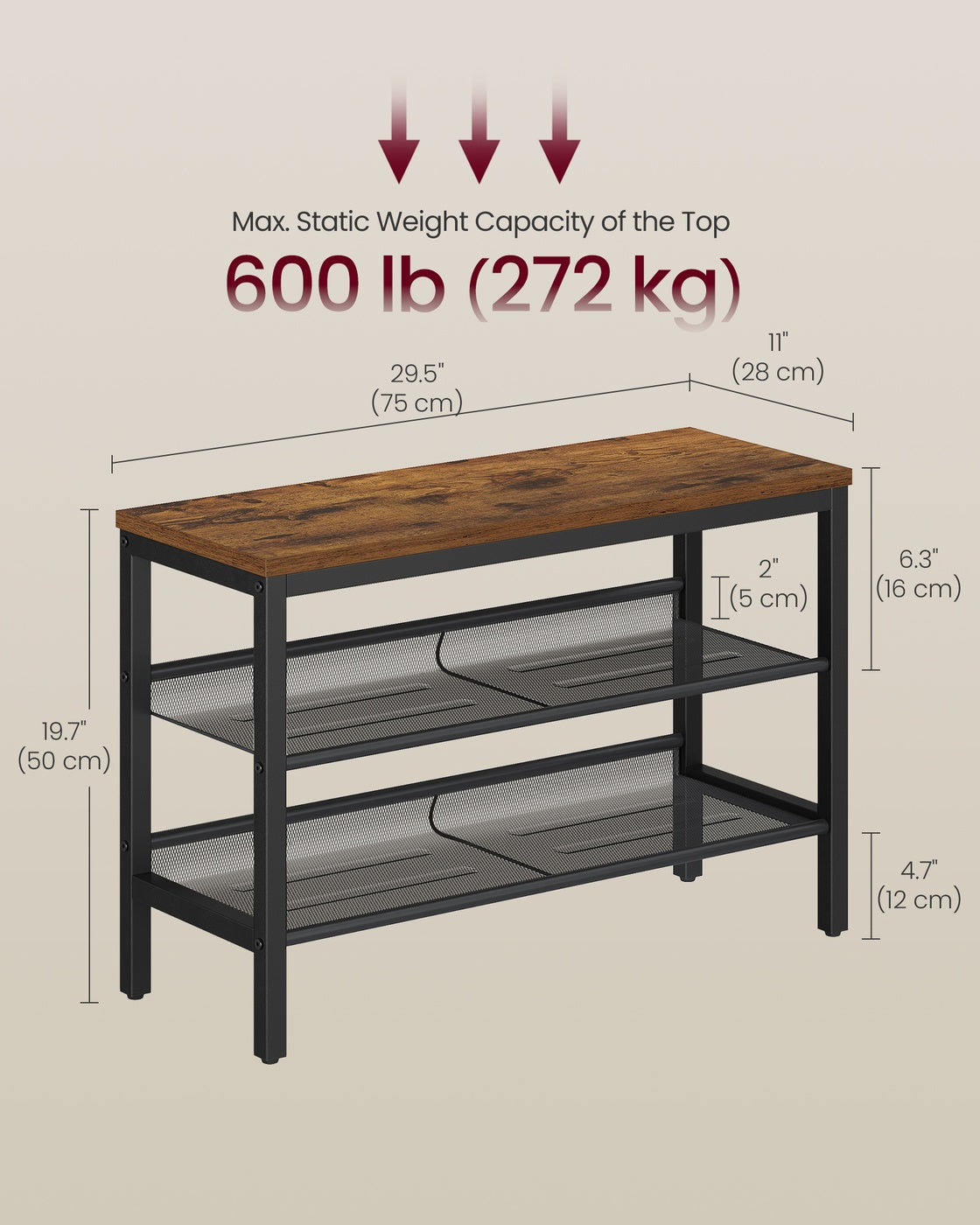 3 Tier Shoe Rack Bench 28 x 75 x 50 cm with Raised Edges Rustic Brown and Matte Black - image 6