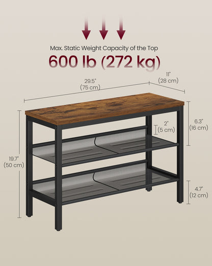 3 Tier Shoe Rack Bench 28 x 75 x 50 cm with Raised Edges Rustic Brown and Matte Black - image 6