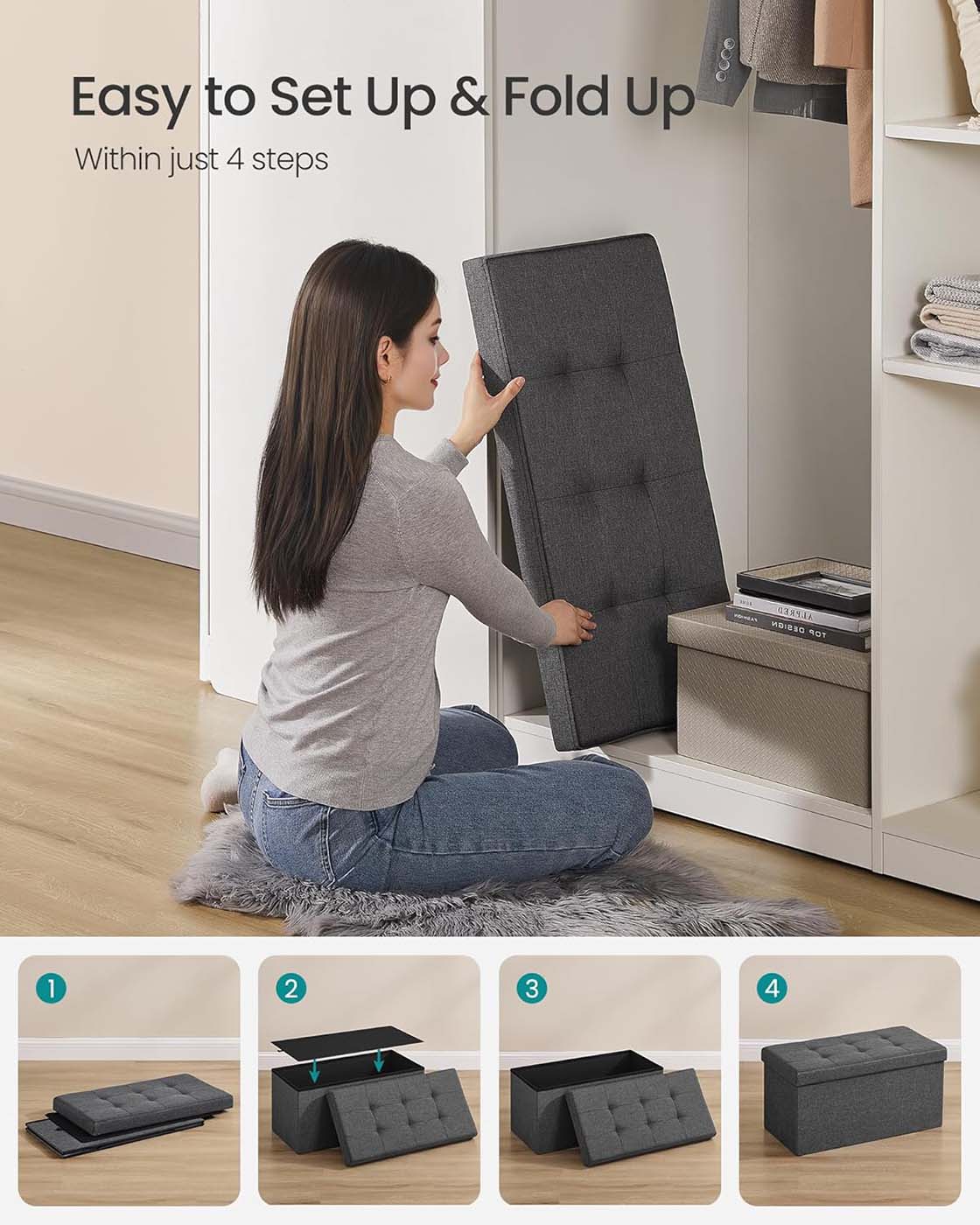 38 x 76 x 38 cm Foldable Small Storage Ottoman Ink Black - image 34