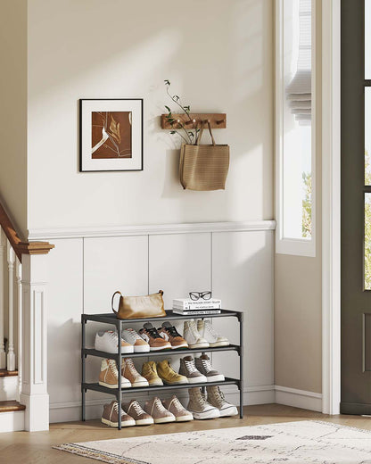 3-tier shoe rack with fabric shelves and metal frame - image 2